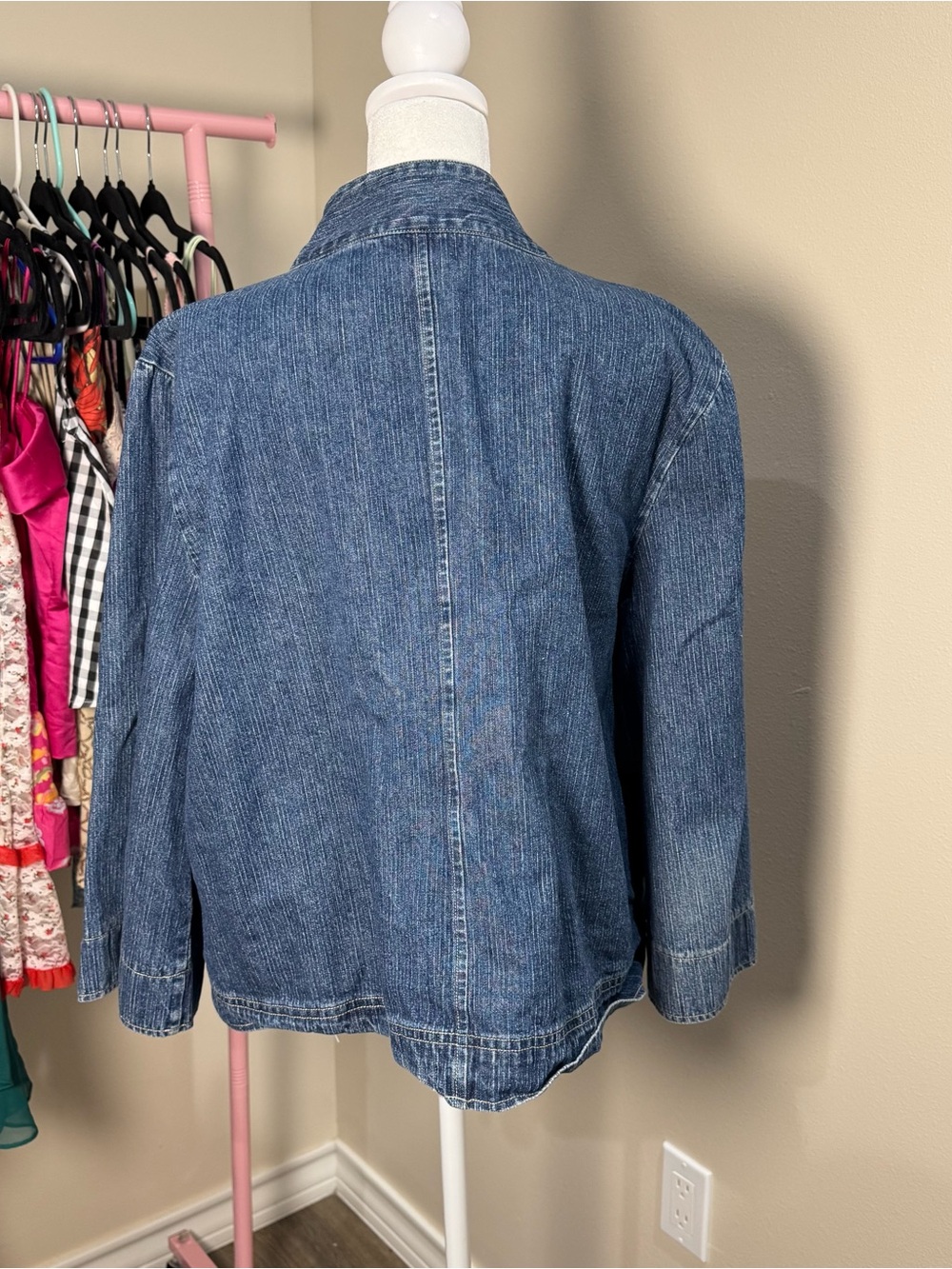 Women's Blue Denim Button-Front Minimalist Mandarin Chic XL Barrel Jacket - Picture 2 of 9